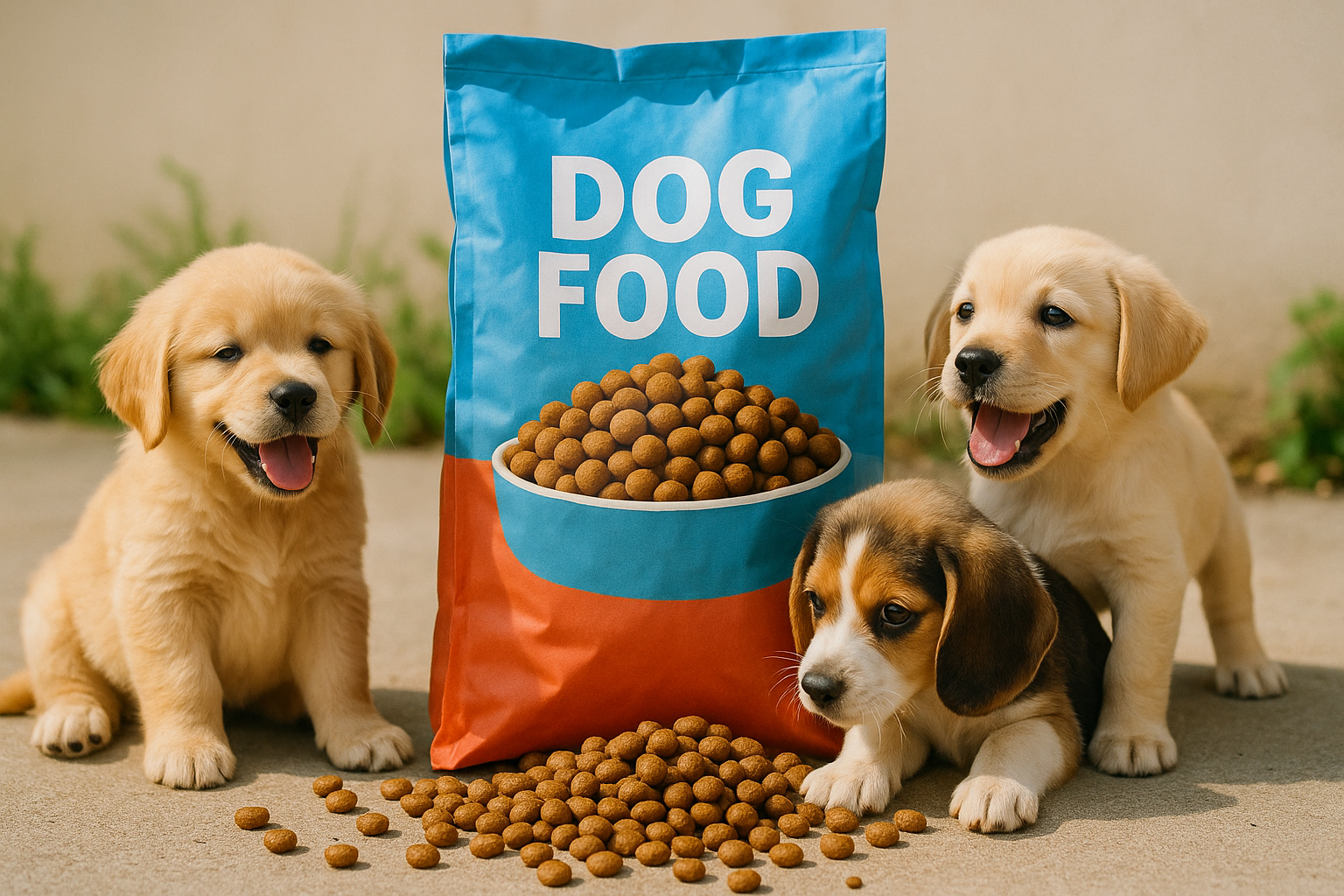 puppies with a bag of dog kibble
